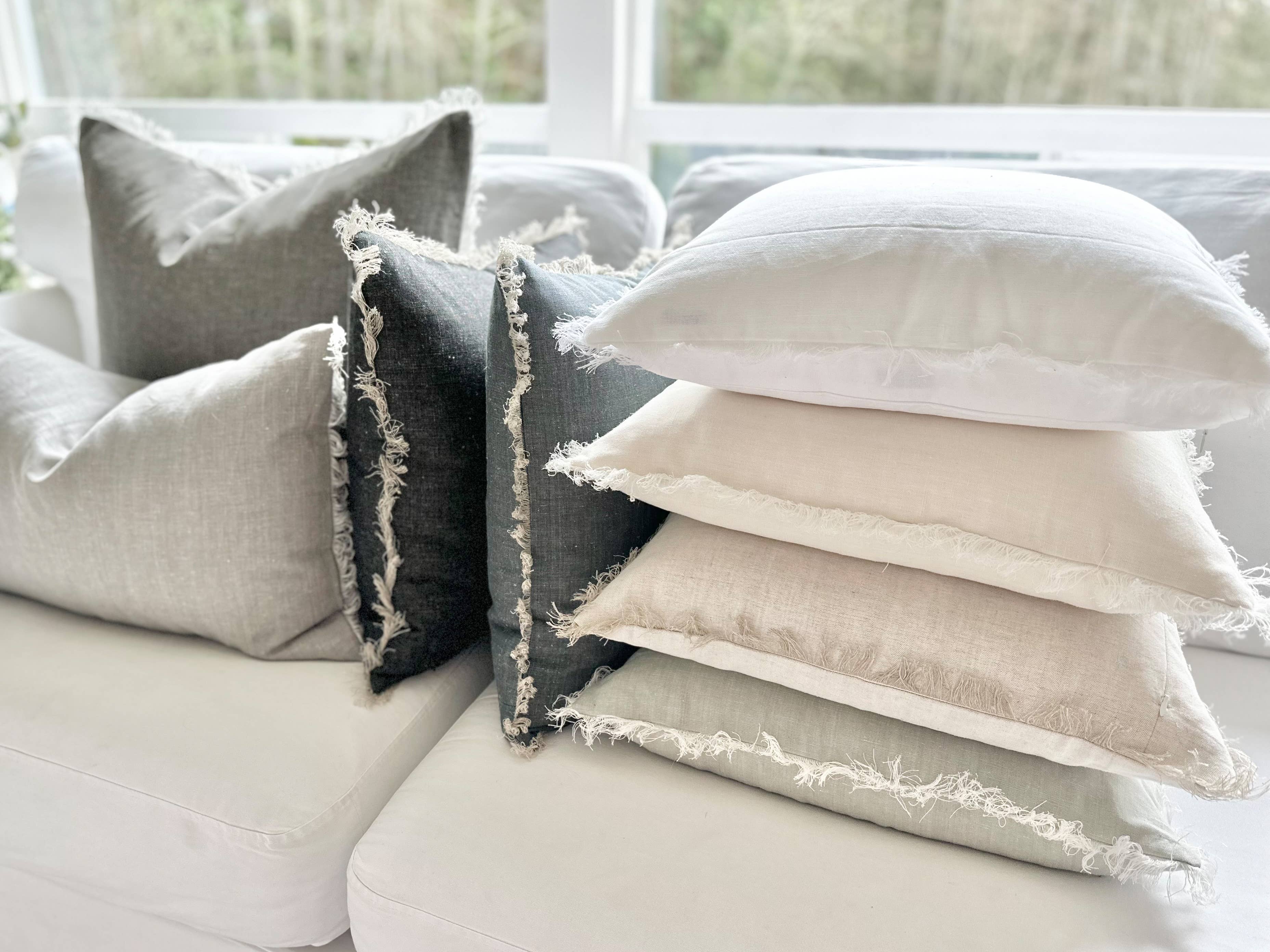 Fringe Pillow Covers - Stonewashed with Fringed Edge: Ivory / 20 x 20