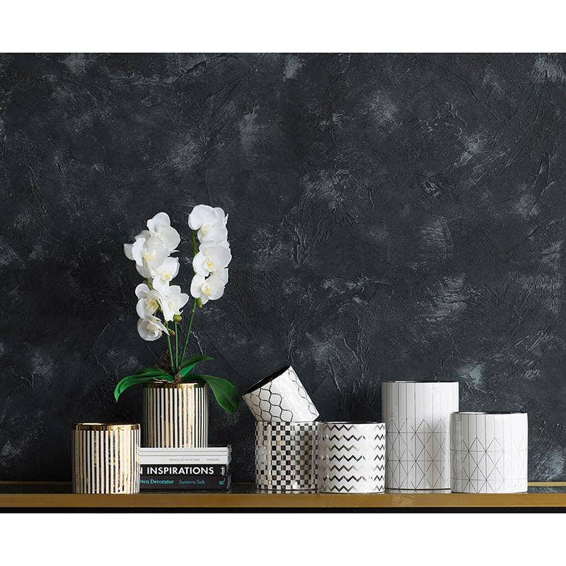 Planter White and Silver Zig Zag Pattern