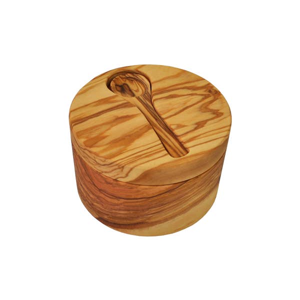 Olive Wood Salt Cellar with Magnetic Lid and Inset Spoon