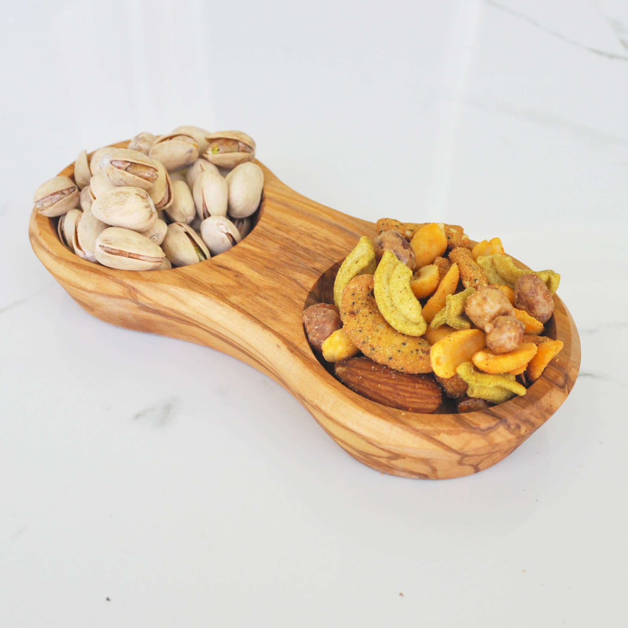 Olive Wood Double Dipping Bowl - Round - 7.25”